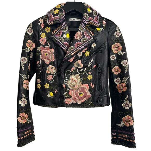 Alice + Olivia Cody Embroidered Leather Jacket size US XS Black Floral Moto - Picture 16 of 16